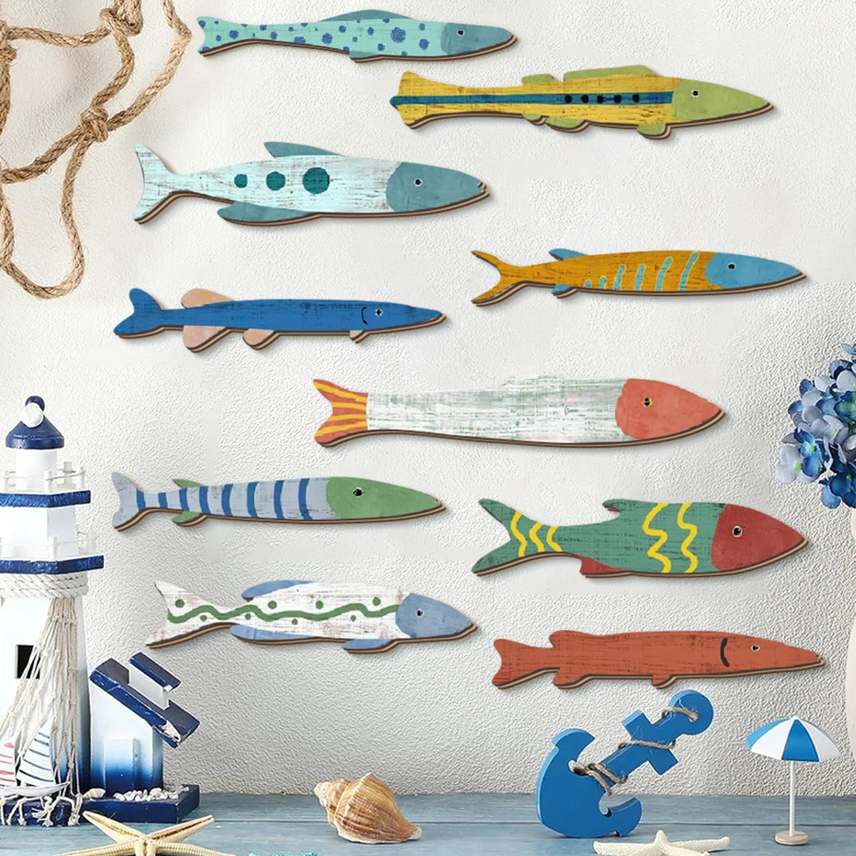Poissons Décoratifs en Bois Peints à la Main - Décor Mural Océan Coloré