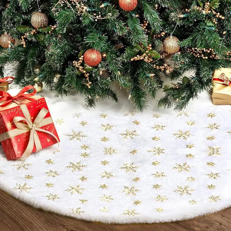 Jupe de Sapin de Noël 36 Pouces - Peluche Blanche avec Flocons Dorés Sequins